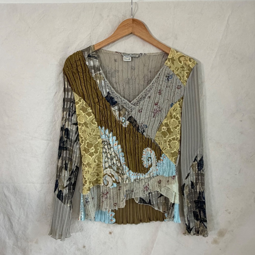 Alberto Makali Mixed Media Patchwork Beaded V-Neck Pleated Top Earth Tones M